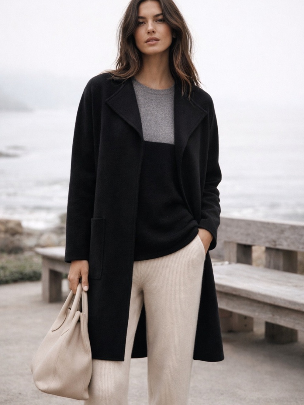 J.Crew 365 Open Front Coat XS Black Minimal Wool Blend Longline Jacket